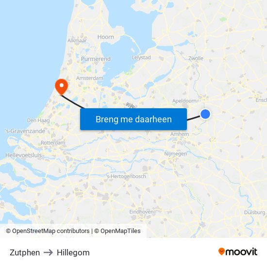 Zutphen to Hillegom map