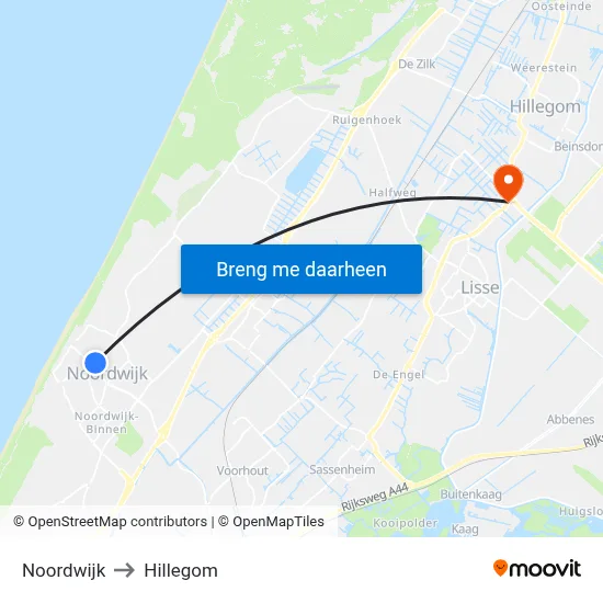 Noordwijk to Hillegom map