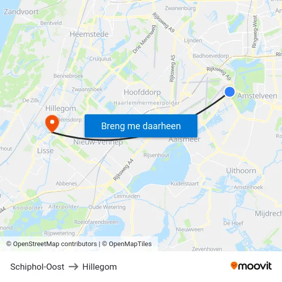 Schiphol-Oost to Hillegom map
