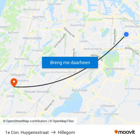 1e Con. Huygensstraat to Hillegom map