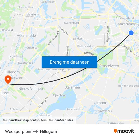 Weesperplein to Hillegom map