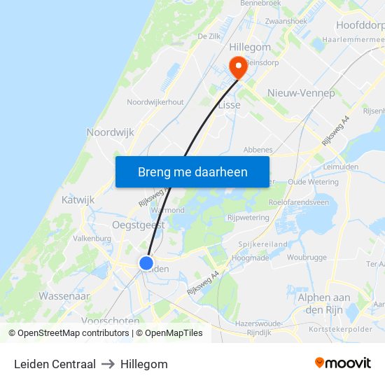 Leiden Centraal to Hillegom map