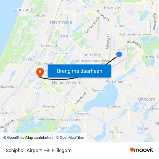 Schiphol, Airport to Hillegom map