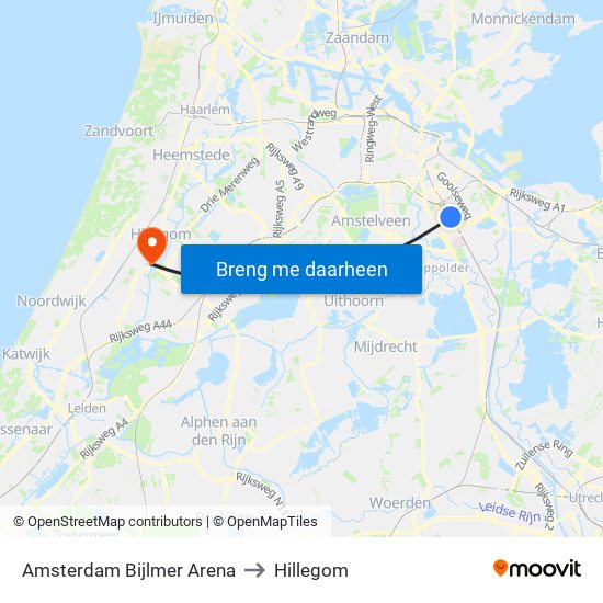 Amsterdam Bijlmer Arena to Hillegom map