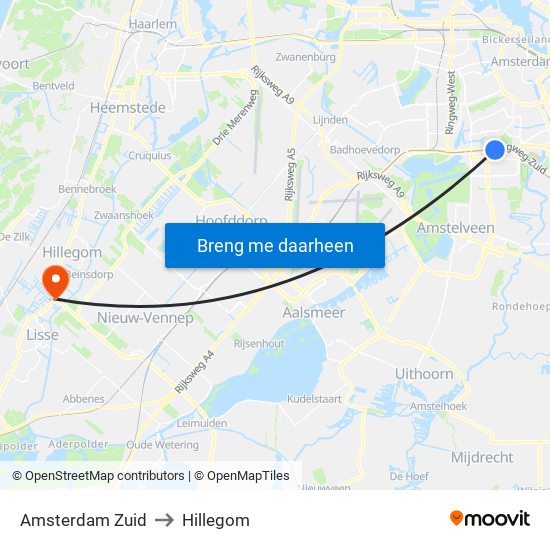 Amsterdam Zuid to Hillegom map