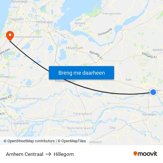 Arnhem Centraal to Hillegom map