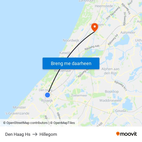 Den Haag Hs to Hillegom map