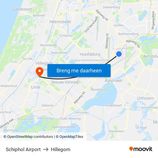 Schiphol Airport to Hillegom map