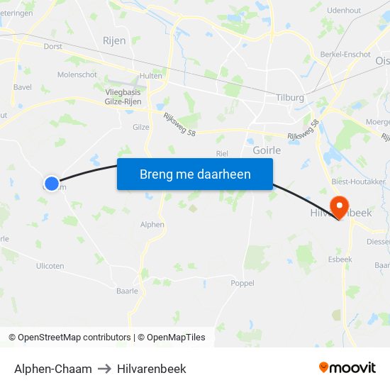 Alphen-Chaam to Hilvarenbeek map