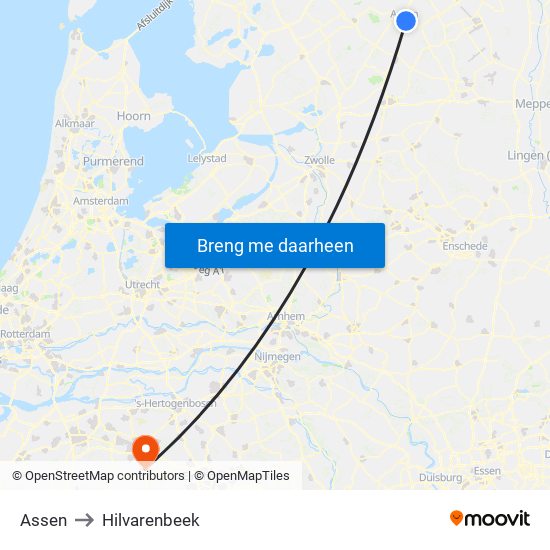 Assen to Hilvarenbeek map