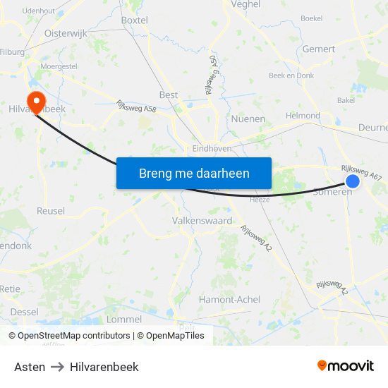 Asten to Hilvarenbeek map