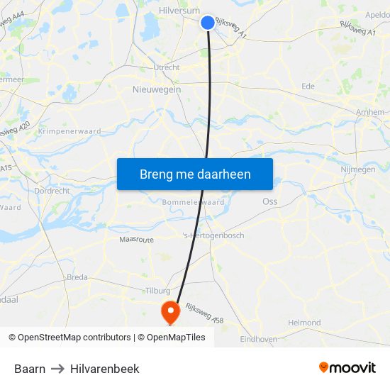 Baarn to Hilvarenbeek map