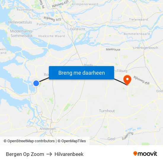 Bergen Op Zoom to Hilvarenbeek map