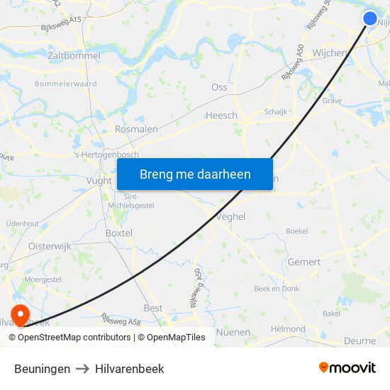 Beuningen to Hilvarenbeek map