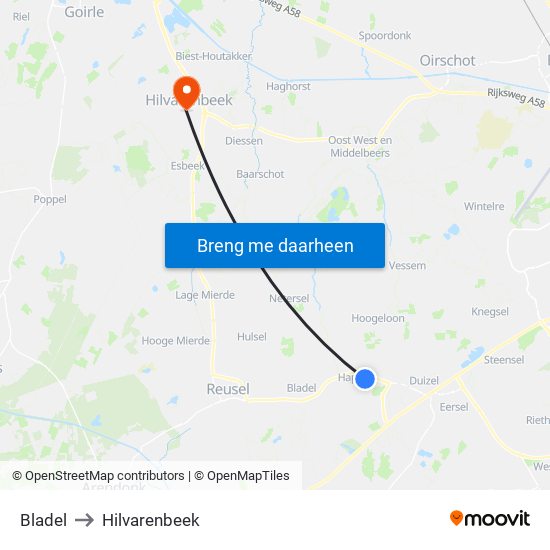 Bladel to Hilvarenbeek map