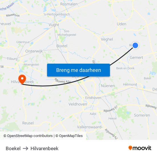Boekel to Hilvarenbeek map