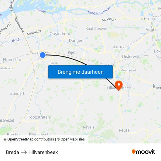 Breda to Hilvarenbeek map