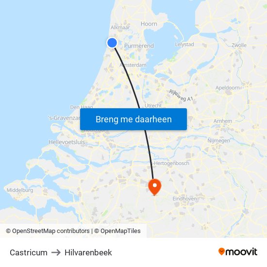 Castricum to Hilvarenbeek map