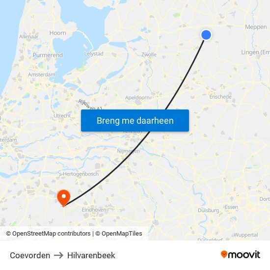 Coevorden to Hilvarenbeek map
