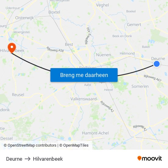 Deurne to Hilvarenbeek map