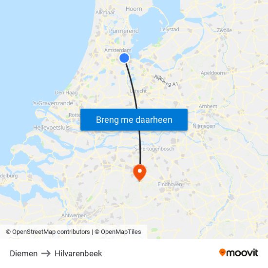 Diemen to Hilvarenbeek map