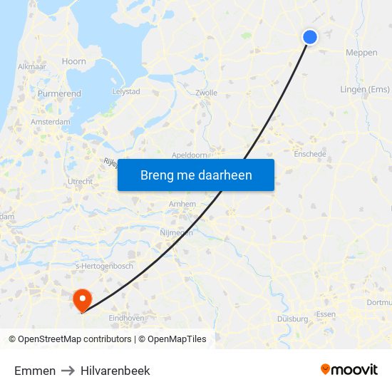 Emmen to Hilvarenbeek map