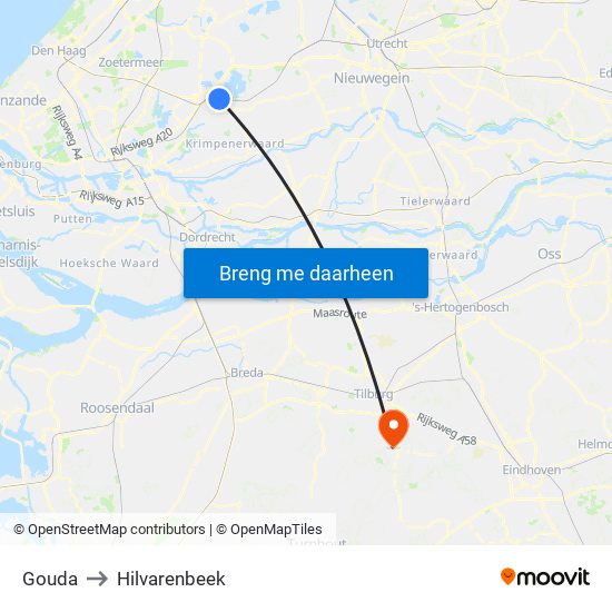 Gouda to Hilvarenbeek map
