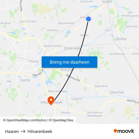 Haaren to Hilvarenbeek map