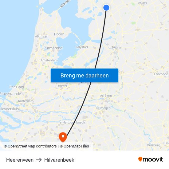 Heerenveen to Hilvarenbeek map