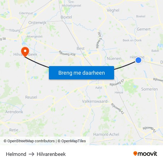 Helmond to Hilvarenbeek map