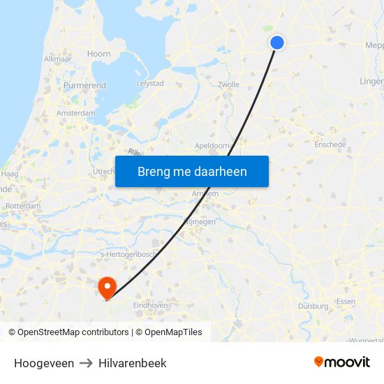 Hoogeveen to Hilvarenbeek map
