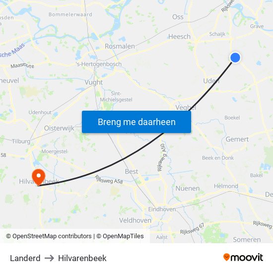Landerd to Hilvarenbeek map