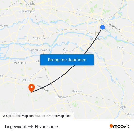 Lingewaard to Hilvarenbeek map