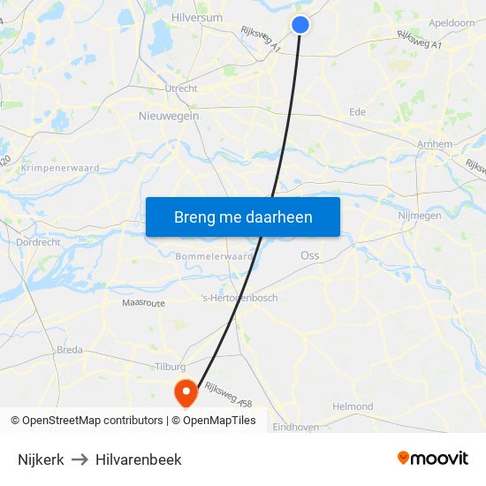 Nijkerk to Hilvarenbeek map