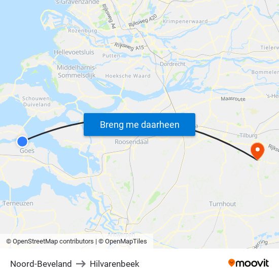 Noord-Beveland to Hilvarenbeek map