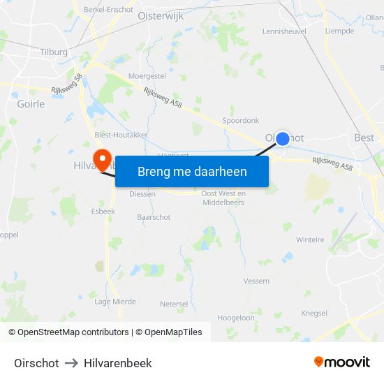 Oirschot to Hilvarenbeek map