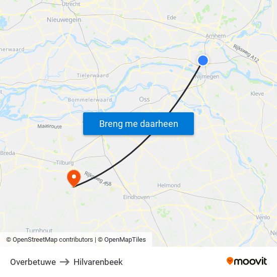 Overbetuwe to Hilvarenbeek map