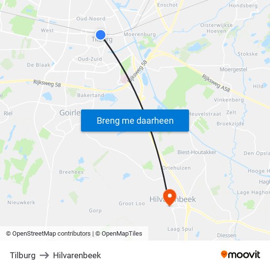 Tilburg to Hilvarenbeek map