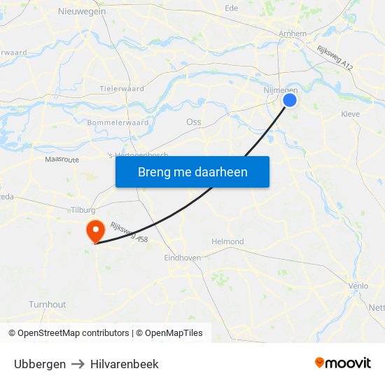 Ubbergen to Hilvarenbeek map