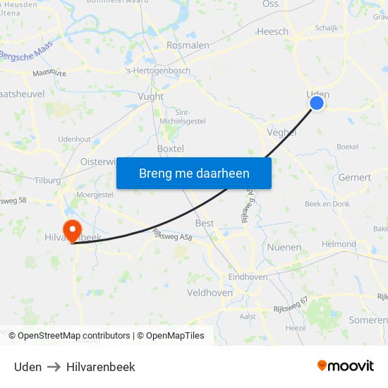 Uden to Hilvarenbeek map