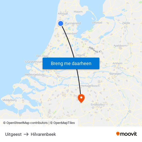 Uitgeest to Hilvarenbeek map