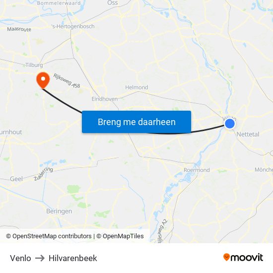 Venlo to Hilvarenbeek map