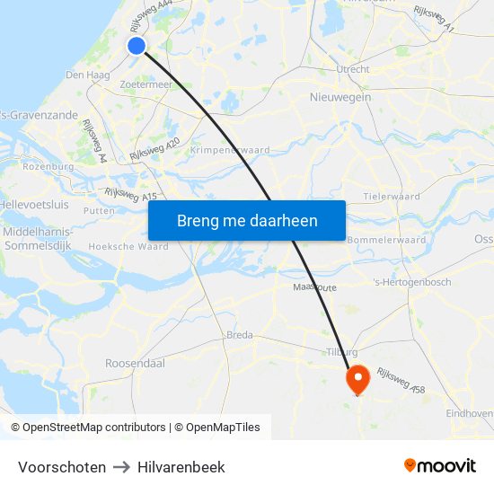 Voorschoten to Hilvarenbeek map