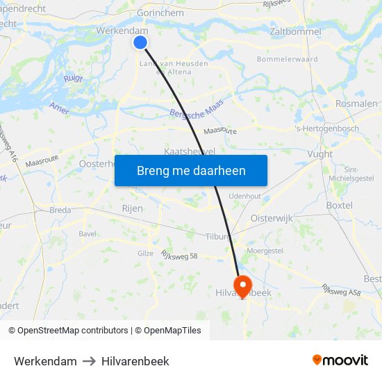 Werkendam to Hilvarenbeek map