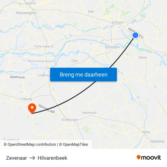 Zevenaar to Hilvarenbeek map