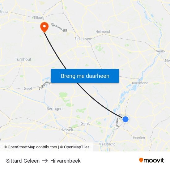 Sittard-Geleen to Hilvarenbeek map