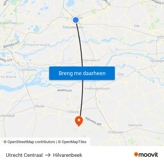 Utrecht Centraal to Hilvarenbeek map