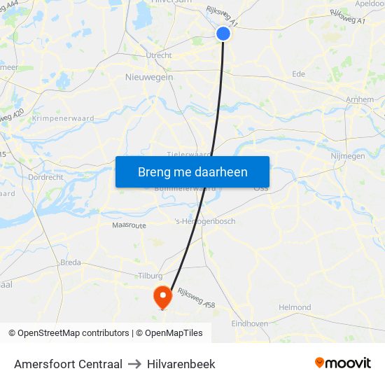 Amersfoort Centraal to Hilvarenbeek map