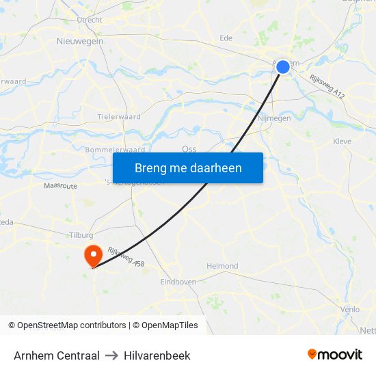 Arnhem Centraal to Hilvarenbeek map