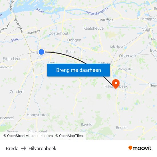 Breda to Hilvarenbeek map